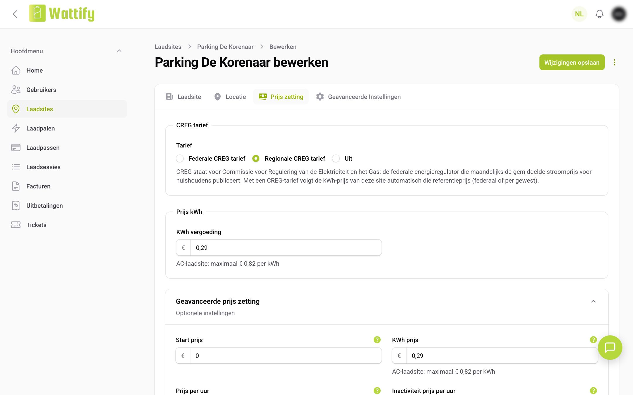 The Price setting tab with the CREG tariff and the kWh fee